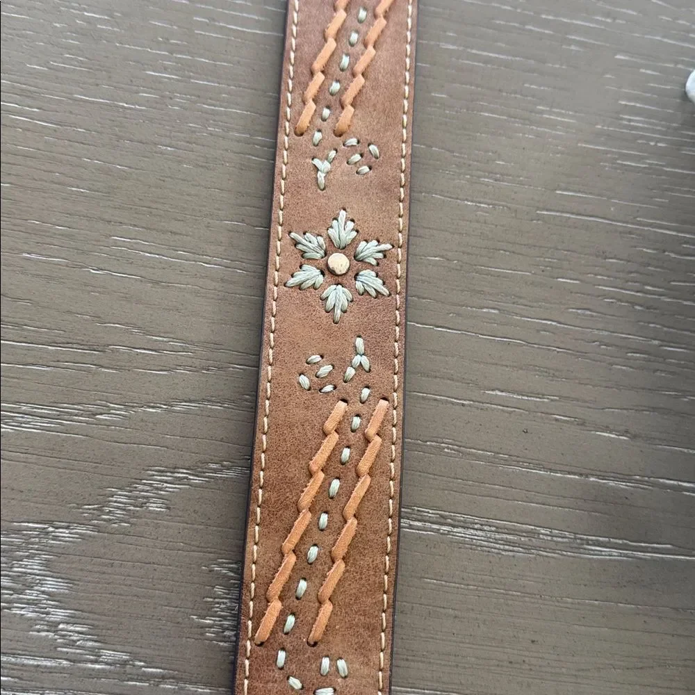Western Tan Leather Belt with Silver-Tone Buckle Embroidered Women’s Size L EUC